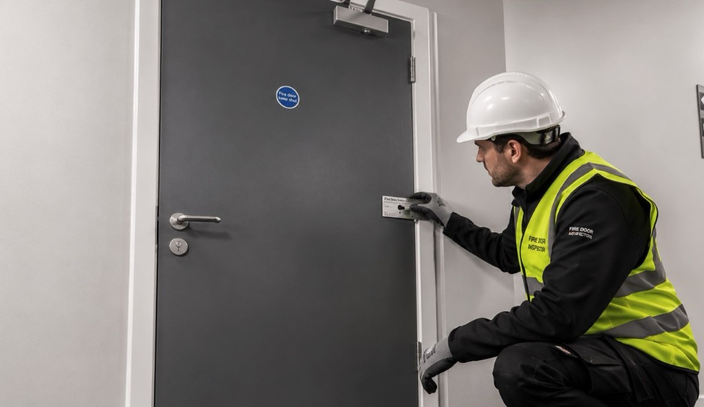 BM TRADA-certified inspector assessing a fire door for compliance in Birmingham