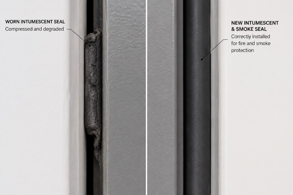 Close-up of worn intumescent seal compared with a correctly installed new intumescent smoke seal