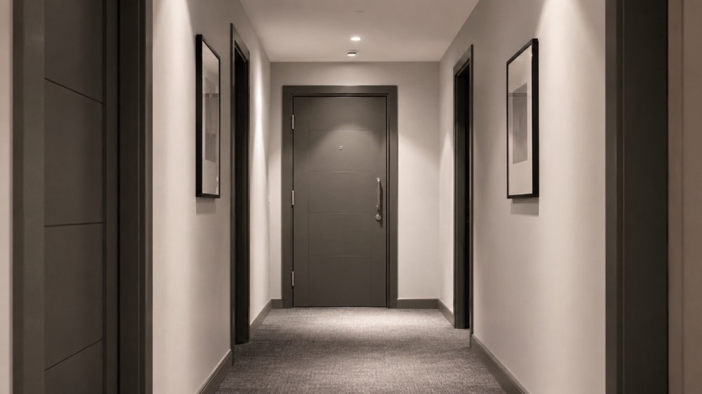 Modern residential corridor with a fire-rated door, representing Fire Safety (England) Regulations compliance